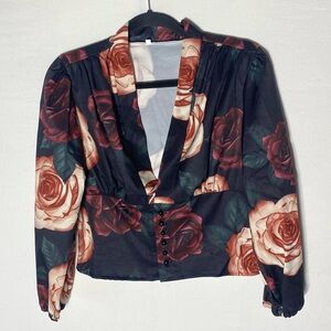 Black Burgundy Floral Long Bubble Sleeve Deep V Neck Button Up Blouse XL